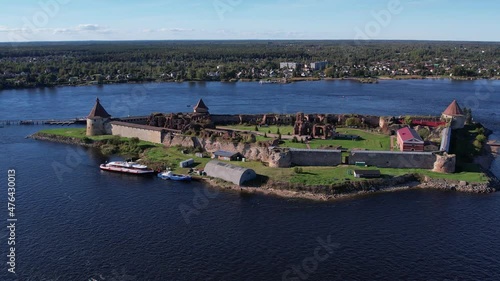 Russia. Leningrad region. September 10, 2021. View of the Oreshek fortress near the city of Shlisselburg in sunny weather from a bird's-eye view.