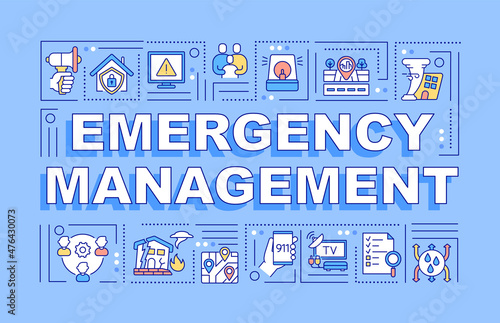 Emergency management word concepts blue banner. Public service. Infographics with linear icons on background. Isolated typography. Vector outline color illustration with text. Arial-Black font used