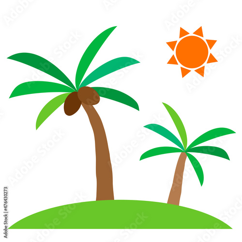 ヤシの木と太陽のイラスト。南の島のバカンスのコンセプト。