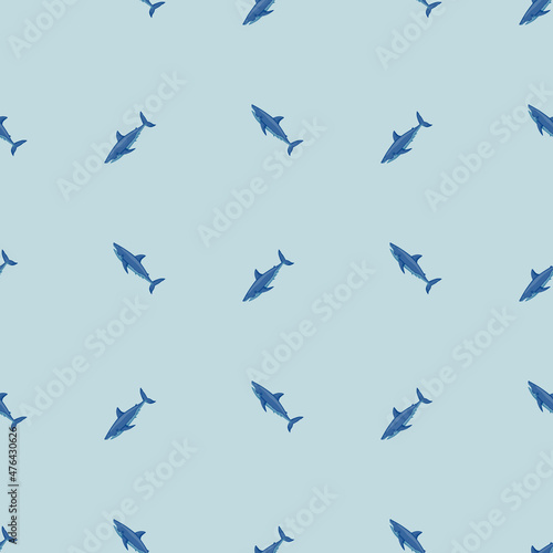 White shark seamless pattern in scandinavian style. Marine animals background. Vector illustration for children funny textile.