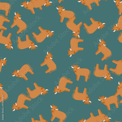 Seamless pattern of bull. Domestic animals on colorful background. Vector illustration for textile.