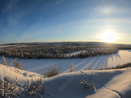 Winter landscape  snow covered Kolyma river in Kolyma  Yakutia  Russia