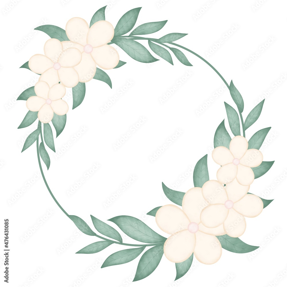 Round frame with delicate flowers and leafy twigs. Circular floral botanical wreath. Rim template for invitation, postcard or congratulations