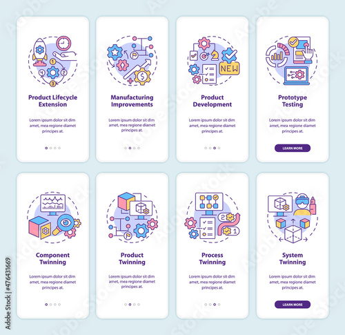 Digital twin technology onboarding mobile app screen set. Tasks walkthrough 4 steps graphic instructions pages with linear concepts. UI, UX, GUI template. Myriad Pro-Bold, Regular fonts used
