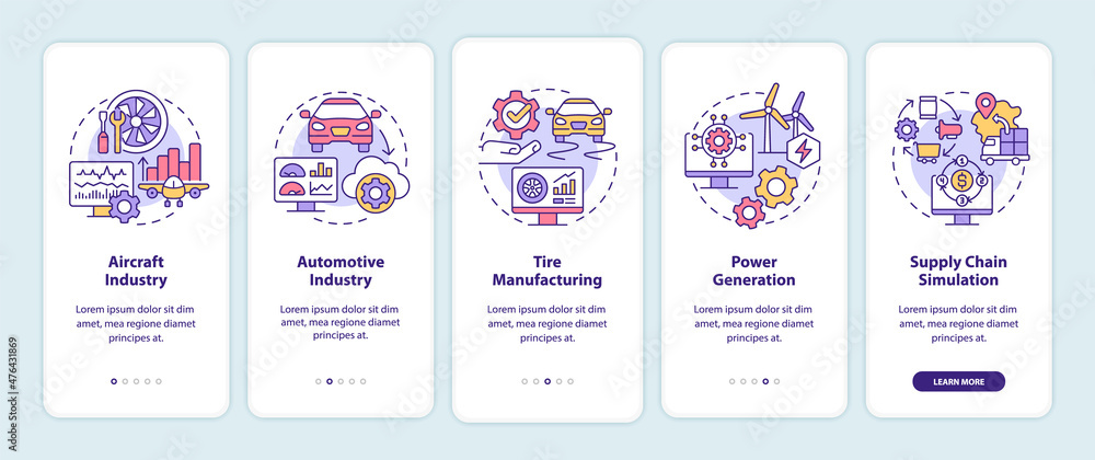 Digital twin usage onboarding mobile app screen. Automotive industry walkthrough 5 steps graphic instructions pages with linear concepts. UI, UX, GUI template. Myriad Pro-Bold, Regular fonts used Digital twin usage onboarding mobile app screen. Automotive industry walkthrough 5 steps graphic instructions pages with linear concepts. UI, UX, GUI template. Myriad Pro-Bold, Regular fonts used