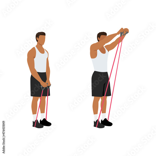 Man doing Resistance band shoulder front raises exercise. Flat vector illustration isolated on white background