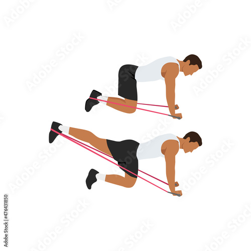 Man doing Resistance band glute kickbacks exercise. Flat vector illustration isolated on white background