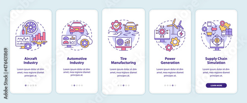 Digital twin usage onboarding mobile app screen. Automotive industry walkthrough 5 steps graphic instructions pages with linear concepts. UI, UX, GUI template. Myriad Pro-Bold, Regular fonts used