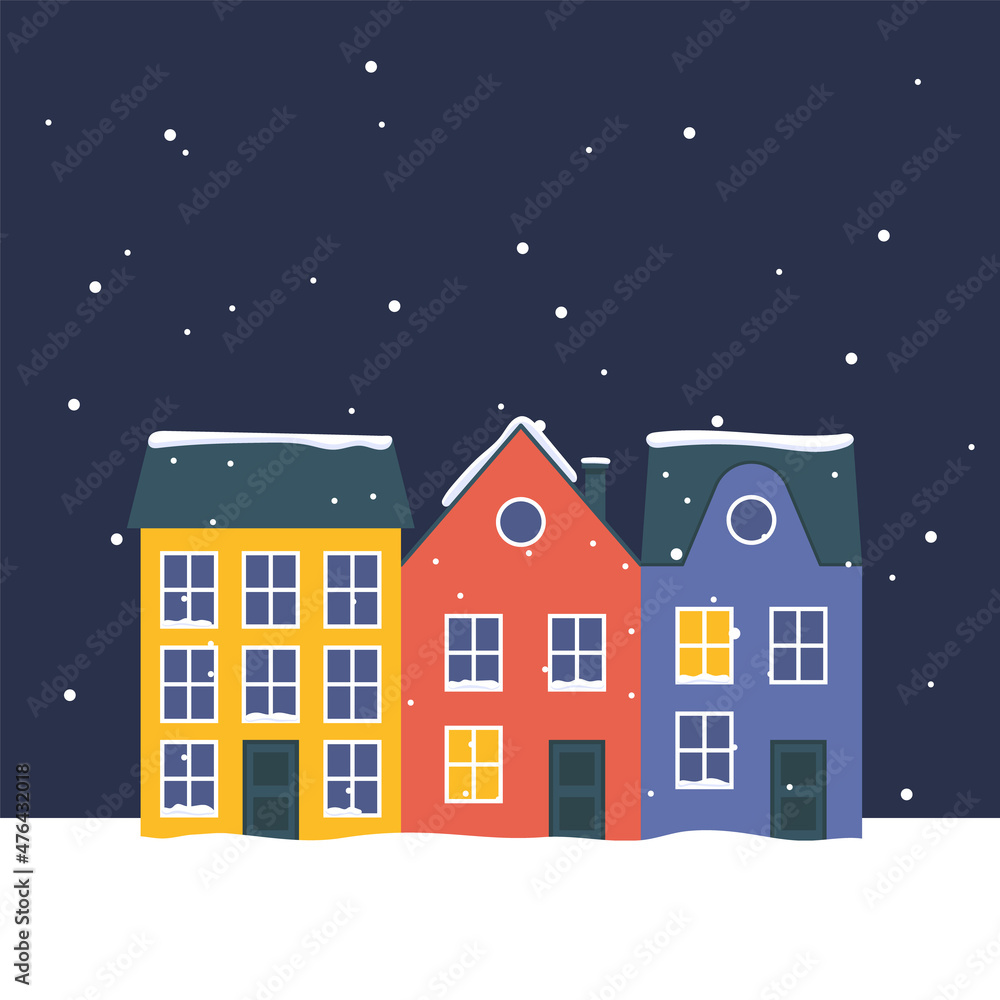 Winter illustration with cute colorful houses. Snowy city, town or village with falling snow. Template for Christmas card. Winter city landscape at night. Vector flat illustration.