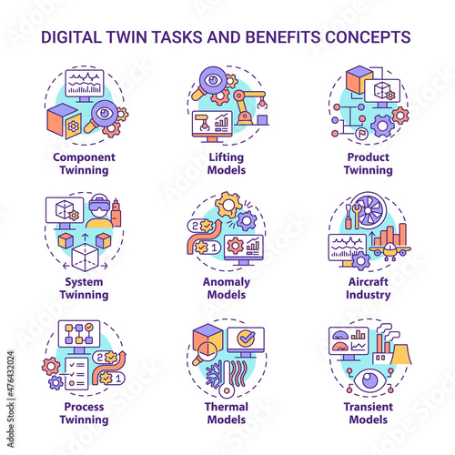 Digital twin tasks and benefits concept icons set. Creating simulations idea thin line color illustrations. Isolated outline drawings. Editable stroke. Roboto-Medium, Myriad Pro-Bold fonts used