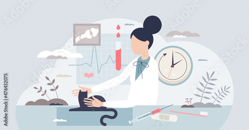 Veterinary technician work and animal healthcare doctor tiny person concept. Pets examination and expertise job to help cats and dogs to determinate diagnosis vector illustration. Vet tech daily scene