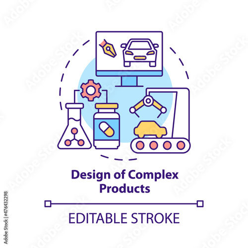 Complex products design concept icon. Manufacturing industry abstract idea thin line illustration. Smart assembly. Isolated outline drawing. Editable stroke. Roboto-Medium, Myriad Pro-Bold fonts used