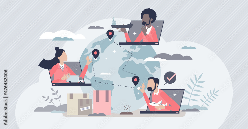 Supply chain management employees with scm control with tiny person concept. Logistics, transportation and shipping planning for products distribution worldwide vector illustration. Delivery flow. Supply chain management employees with scm control with tiny person concept. Logistics, transportation and shipping planning for products distribution worldwide vector illustration. Delivery flow.