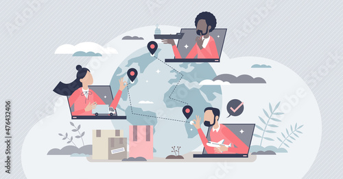 Supply chain management employees with scm control with tiny person concept. Logistics, transportation and shipping planning for products distribution worldwide vector illustration. Delivery flow.