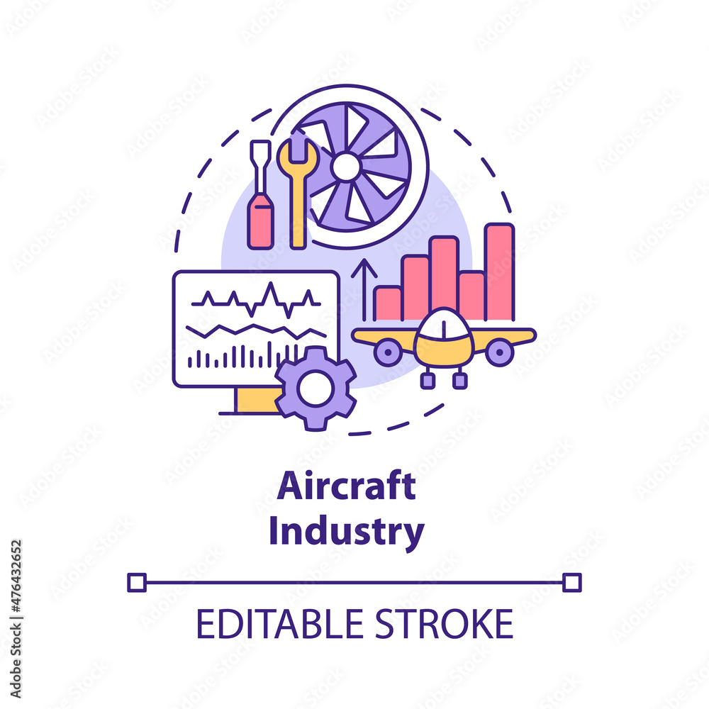Aircraft industry concept icon. Digital twin usage abstract idea thin line illustration. Virtual, working model. Isolated outline drawing. Editable stroke. Roboto-Medium, Myriad Pro-Bold fonts used Aircraft industry concept icon. Digital twin usage abstract idea thin line illustration. Virtual, working model. Isolated outline drawing. Editable stroke. Roboto-Medium, Myriad Pro-Bold fonts used
