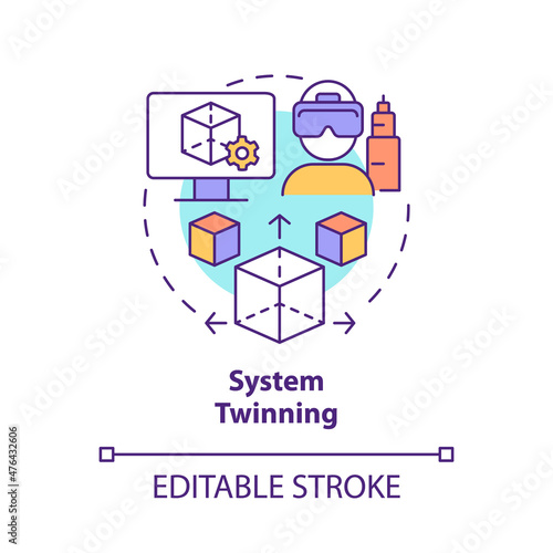 System twinning concept icon. Model-based engineering abstract idea thin line illustration. Create digital twin. Isolated outline drawing. Editable stroke. Roboto-Medium, Myriad Pro-Bold fonts used