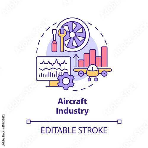 Aircraft industry concept icon. Digital twin usage abstract idea thin line illustration. Virtual, working model. Isolated outline drawing. Editable stroke. Roboto-Medium, Myriad Pro-Bold fonts used