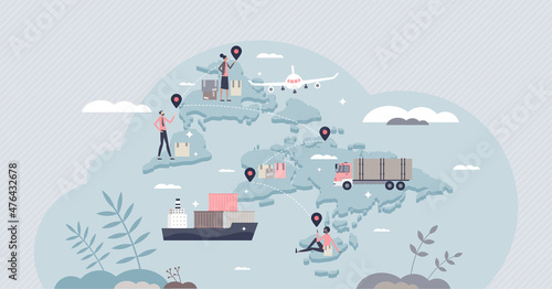 Supply chain management with cargo logistics and sourcing process tiny person concept. Worldwide transportation and shipping scheme for inventory storage control and products flow vector illustration.