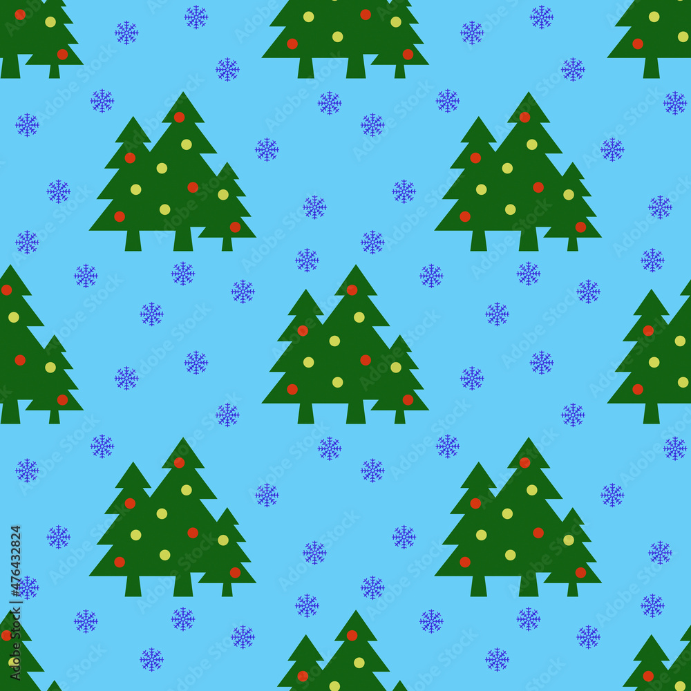 Seamless pattern. Image of green Christmas trees with balls and snowflakes on pastel blue backgrounds. Symbol of New Year and Christmas. Template for applying to surface. 3D image.3d rendering Seamless pattern. Image of green Christmas trees with balls and snowflakes on pastel blue backgrounds. Symbol of New Year and Christmas. Template for applying to surface. 3D image.3d rendering