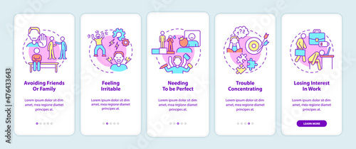 Workplace anxiety onboarding mobile app screen. Stress at work walkthrough 5 steps graphic instructions pages with linear concepts. UI, UX, GUI template. Myriad Pro-Bold, Regular fonts used