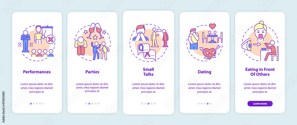 Common anxiety triggers onboarding mobile app screen. Mental disorder walkthrough 5 steps graphic instructions pages with linear concepts. UI, UX, GUI template. Myriad Pro-Bold, Regular fonts used