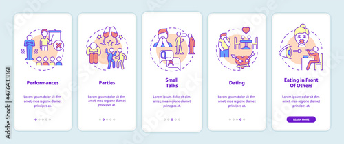 Common anxiety triggers onboarding mobile app screen. Mental disorder walkthrough 5 steps graphic instructions pages with linear concepts. UI, UX, GUI template. Myriad Pro-Bold, Regular fonts used