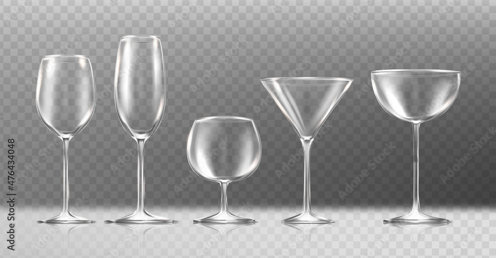 3d realistic vector icon. Transparent glasses for wine, coctail, cognac, champagne. Empty glasses. Isolated on transparent background. 3d realistic vector icon. Transparent glasses for wine, coctail, cognac, champagne. Empty glasses. Isolated on transparent background.