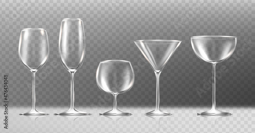 3d realistic vector icon. Transparent glasses for wine, coctail, cognac, champagne. Empty glasses. Isolated on transparent background.