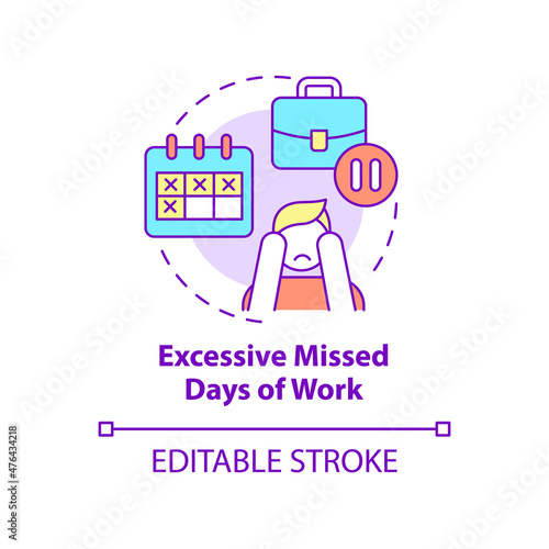 Excessive missed days of work concept icon. Stressed employee. Mental health abstract idea thin line illustration. Isolated outline drawing. Editable stroke. Roboto-Medium, Myriad Pro-Bold fonts used