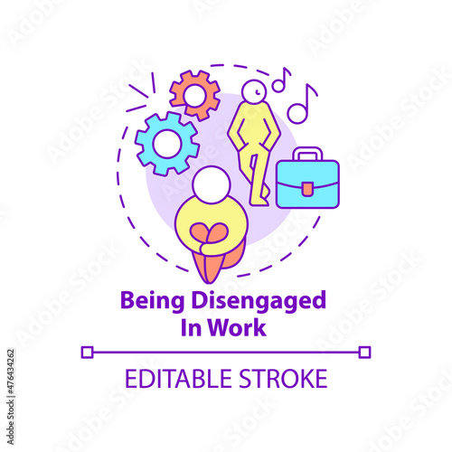 Being disengaged in work concept icon. Burnout at workplace. Anxiety abstract idea thin line illustration. Isolated outline drawing. Editable stroke. Roboto-Medium, Myriad Pro-Bold fonts used