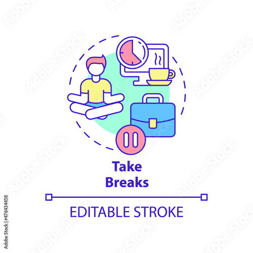 Take breaks concept icon. Keep mind clear. Prevent anxiety attack abstract idea thin line illustration. Isolated outline drawing. Editable stroke. Roboto-Medium, Myriad Pro-Bold fonts used