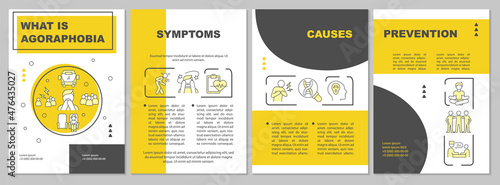 Agoraphobia yellow brochure template. Social anxiety disorder. Booklet print design with linear icons. Vector layouts for presentation, annual reports, ads. Arial, Myriad Pro-Regular fonts used photo