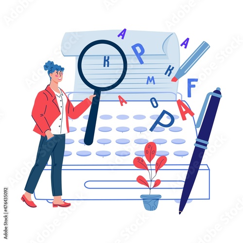 Professional copywriter or content manager, blogger with magnifier, cartoon flat vector illustration on white background. Copywriting and writing post content for social network. Grammar editor.