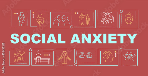 Social anxiety word concepts red banner. Mental illness. Infographics with linear icons on background. Isolated typography. Vector outline color illustration with text. Arial-Black font used