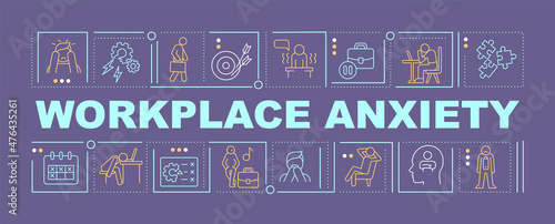 Anxiety at work word concepts purple banner. Stress triggers. Infographics with linear icons on background. Isolated typography. Vector outline color illustration with text. Arial-Black font used