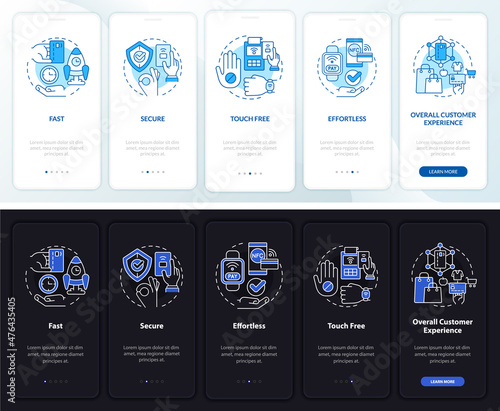 Contactless pay night and day mode onboarding mobile app screen. Service walkthrough 5 steps graphic instructions pages with linear concepts. UI, UX, GUI template. Myriad Pro-Bold, Regular fonts used