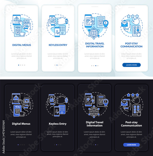 Contactless system night and day mode onboarding mobile app screen. Walkthrough 4 steps graphic instructions pages with linear concepts. UI, UX, GUI template. Myriad Pro-Bold, Regular fonts used