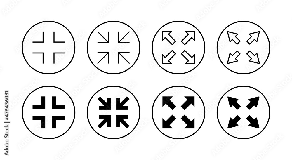 Fullscreen Icon set. Expand to full screen sign and symbol. Arrows symbol