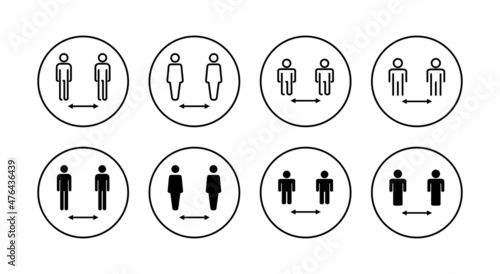 Social distance icons set. social distancing sign and symbol. self quarantine sign