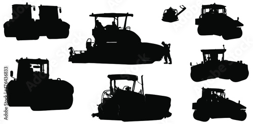 Set of silhouettes of machinery for road construction isolated on a white background. Vector illustration.