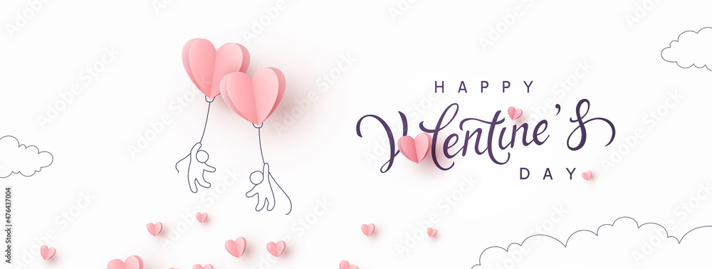 Valentine's Day postcard with people and pink flying balloons on white background. Romantic poster. Vector paper symbols of love in shape of heart for greeting card design - obrazy, fototapety, plakaty 
