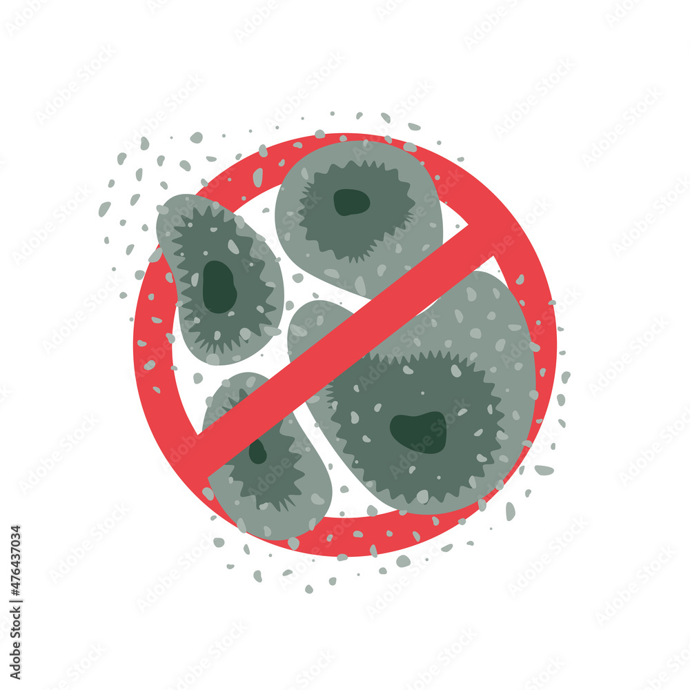 Stop black mold growth on wet house wall. Mildew fungal spores warning sign. Vector illustration