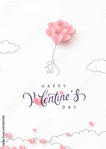 Valentine's Day postcard with flying man and pink balloons on white background. Romantic poster. Vector paper symbols of love in shape of heart for greeting card design