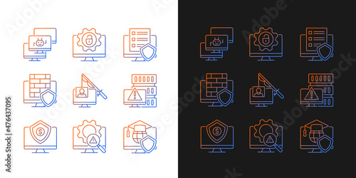 Cybercrime and its prevention gradient icons set for dark and light mode. Phishing and Dos attack. Thin line contour symbols bundle. Isolated vector outline illustrations collection on black and white