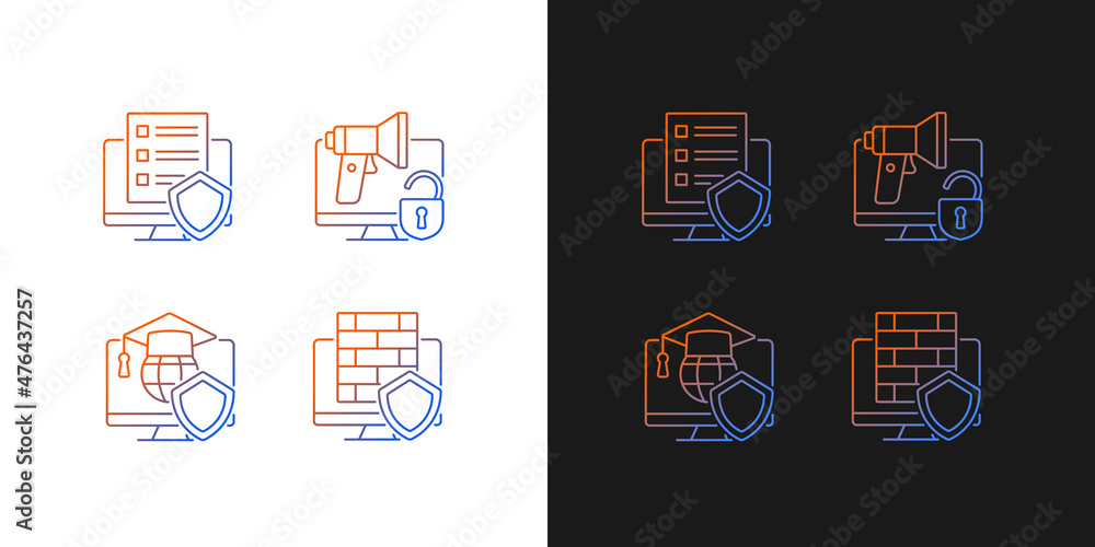 Protect private data gradient icons set for dark and light mode. Firewall and cyber policy. Thin line contour symbols bundle. Isolated vector outline illustrations collection on black and white