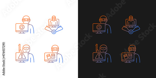 Cyber attacker gradient icons set for dark and light mode. Cyberterrorism. Cybercriminal trap. Thin line contour symbols bundle. Isolated vector outline illustrations collection on black and white