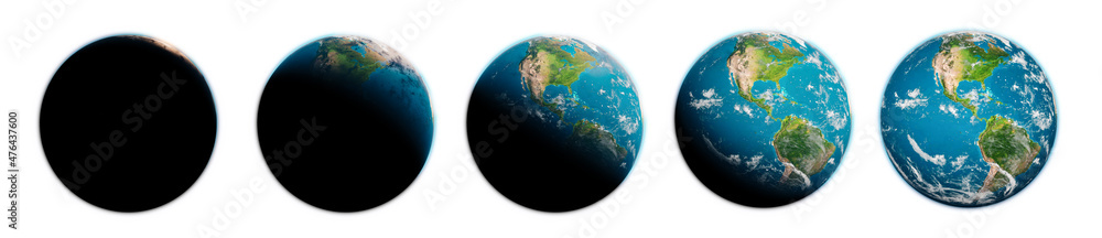 Planet Earth sunrise globe set. Elements of this image furnished by NASA. 3d rendering