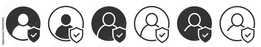 Set of user accept icons or account protection. Profile icon with checkmark and shield. Avatar check symbol. Account sign. Authentication security. Privacy vector. Set of user accept icons or account protection. Profile icon with checkmark and shield. Avatar check symbol. Account sign. Authentication security. Privacy vector.