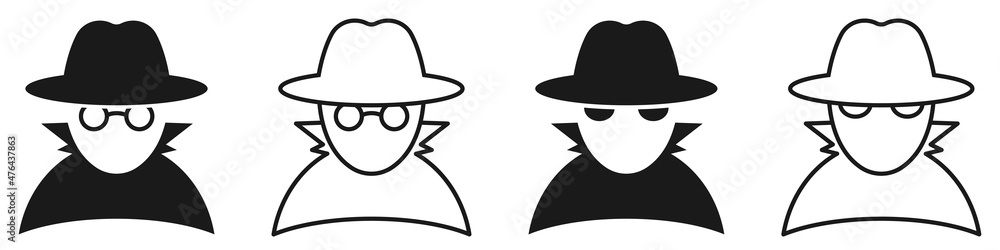 Set of icons, spy or agent. Detective with hat. Fraud, anonymity, spy sign vector. Incognito logo.