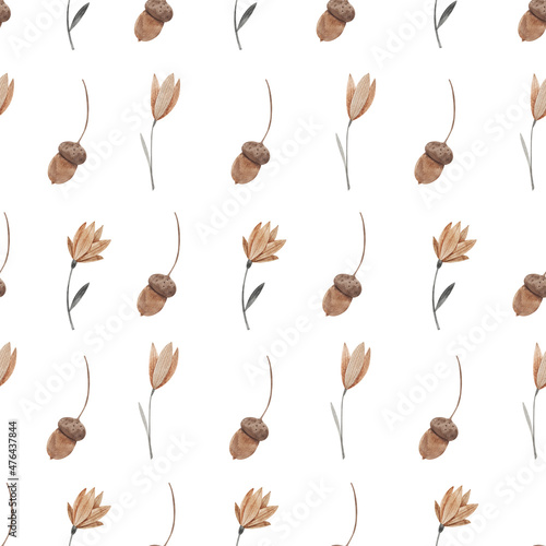 autumn pattern with acorns and flowers on white background, watercolor illustration